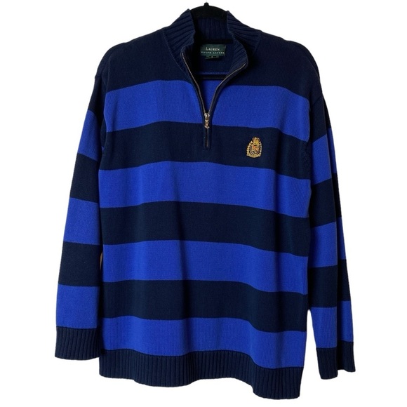Lauren Ralph Lauren Striped Crest Emblem Half Zip Pullover Sweater - Picture 1 of 4
